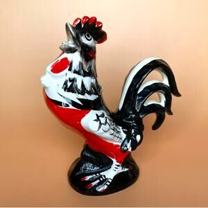 Vintage 1950s Japan Ceramic Rooster Figurine Red Black White MCM 6.75"